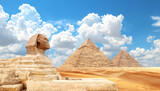Famous Great Sphinx and pyramids of Chephren and Cheops, Cairo, Egypt. Great Pyramids and statue of Sphinx, Giza Necropolis. Topic of vacation, travel, trip abroad on vacation, cruises and tours