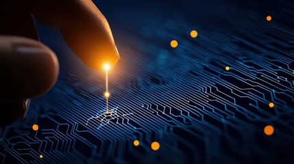 Poster - Close-Up of Finger Touching Circuit Board with Glowing Light Effect