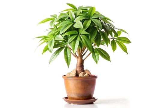 Would you like a shorter version as well?, Close up of a money tree plant in a brown pot with a white background in a studio setting