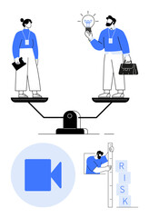 Poster - two professionals on a scale with lightbulb and documents, rectangular video icon, measuring risk bl