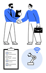 Poster - two professionals shaking hands, one holding a clipboard, the other with a briefcase. includes a che