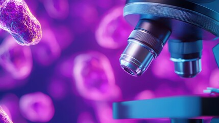 Poster - close up of microscope focusing on colorful bacteria in laboratory setting
