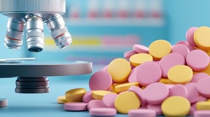 Poster - colorful pills and microscope in laboratory setting for research