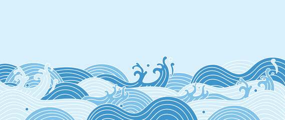 Aufkleber - Japanese sea wave background vector. Wallpaper design with blue and white ocean wave pattern backdrop. Modern luxury oriental illustration for cover, banner, website, decor, border.