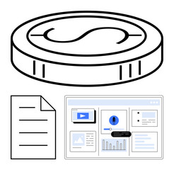 Poster - digital coin above a browser financial dashboard and a document. ideal for finance, cryptocurrency, 
