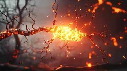 Poster - Glowing orange neuron structure branching across moody background