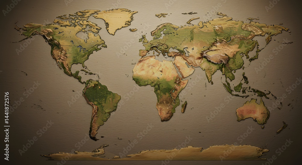 Detailed World Map Showing Landforms and Terrain Stock Illustration ...