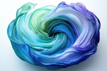 Fototapete - Abstract swirling fabric art in shades of blue, green, and purple creating a mesmerizing vortex.
