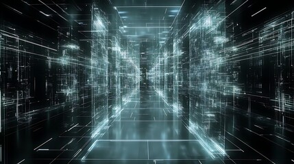 Poster - Abstract Futuristic Glowing Tunnel with Digital Lines and Network Pattern