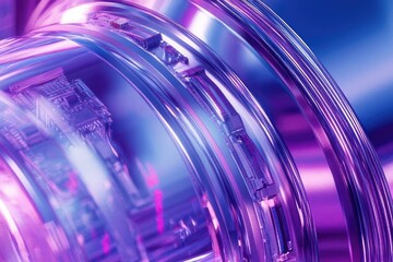 Fototapete - Abstract close-up of futuristic technology, showcasing vibrant purple and blue hues, highlighting intricate circuitry within a transparent casing.
