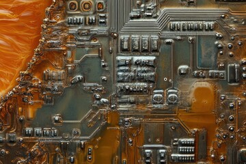 Aufkleber - Close-up of a corroded circuit board, showcasing intricate details and metallic textures.