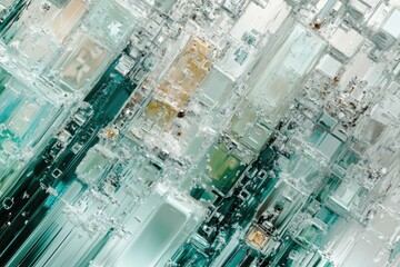 Poster - Abstract image showcasing a complex, geometric pattern reminiscent of a microchip or crystal structure in teal and white hues.