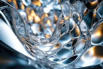 Aufkleber - Abstract 3D rendering of a flowing, metallic, organic form with a reflective, textured surface.