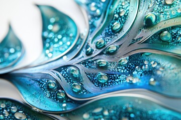 Aufkleber - Abstract artwork featuring intricate, swirling teal patterns adorned with water droplets, creating a mesmerizing visual effect.