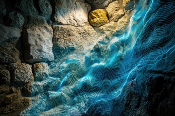 Aufkleber - Abstract art depicting flowing blue light over a textured stone wall, creating a surreal and captivating scene.
