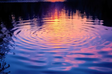 Aufkleber - Sunset reflected on calm water creating concentric ripples, vibrant colors of orange, purple, and blue.