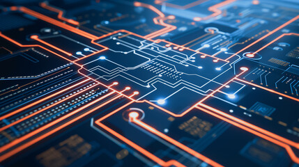 Poster - circuit board innovation: an eye-level perspective of a dynamic circuit board showcasing the intrica