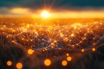 Aufkleber - Golden sunset over a field with glowing network connections symbolizing global connectivity and technological advancement.