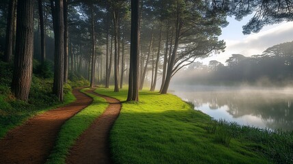 Poster - Misty morning path winding through a pine forest alongside a calm lake.