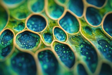 Poster - Microscopic view of vibrant, interconnected cells with teal and green hues, resembling a complex biological network.