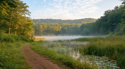Poster - Serene sunrise over misty lake with trail.