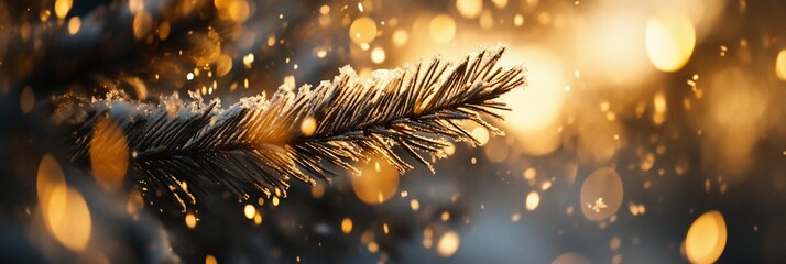 Poster - Frosty pine branch with bokeh lights.