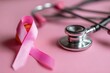 © cui - Pink ribbon and stethoscope on pink background, Symbol of breast cancer in women, Health care concept