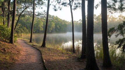 Poster - Serene sunrise mist over calm lake with winding trail path through pine forest.