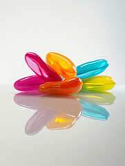 Poster - Colorful glossy pebbles arranged in a flower-like pattern on a reflective surface.
