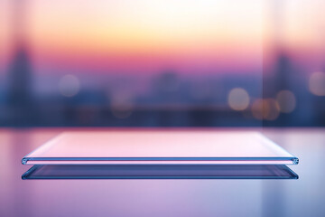 Aufkleber - Glass surface reflecting a blurry cityscape sunset.