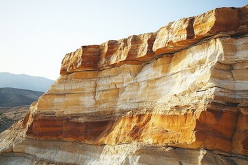 Poster - Layered sandstone cliff face, showcasing diverse colors and textures against a clear sky.