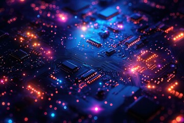 Poster - Close-up of illuminated circuit board showcasing intricate electronic components and glowing pathways.