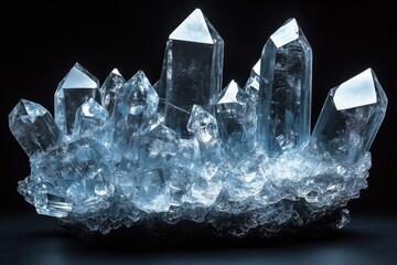 Poster - A stunning cluster of blue quartz crystals, sharply defined against a dark background, showcasing their intricate facets and formations.