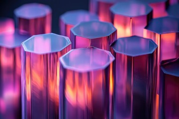 Poster - Close-up of octagonal glass prisms with vibrant purple and orange hues, creating an abstract, geometric pattern.