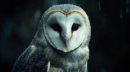 Poster - Close-up of a barn owl with rain droplets on its feathers, against a dark background.