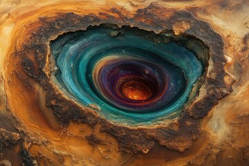 Poster - A swirling cosmic vortex within a vibrant, earthy landscape, resembling a celestial sinkhole.
