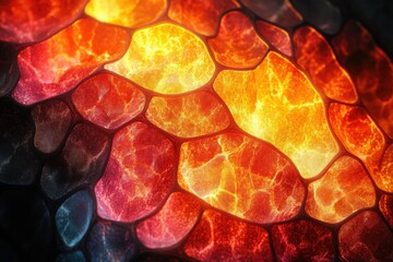 Poster - Abstract image depicting a fiery, textured surface with a honeycomb-like structure, glowing with intense orange and red hues.