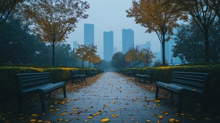 Poster - Misty autumn morning in city park; pathway lined with benches, fallen leaves, skyscrapers in background.