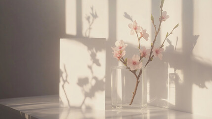 Aufkleber - Delicate pink cherry blossoms in a glass vase, illuminated by sunlight casting shadows on a white background.