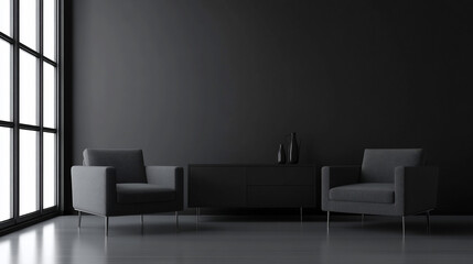 Aufkleber - Modern minimalist dark grey living room interior with two armchairs, cabinet, and large window.