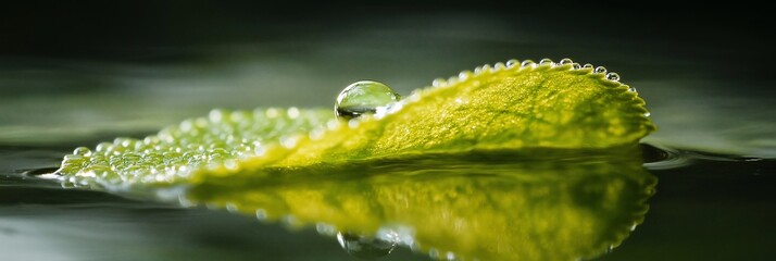 Poster - Water droplet on a vibrant green leaf floating on still water, reflecting its image.
