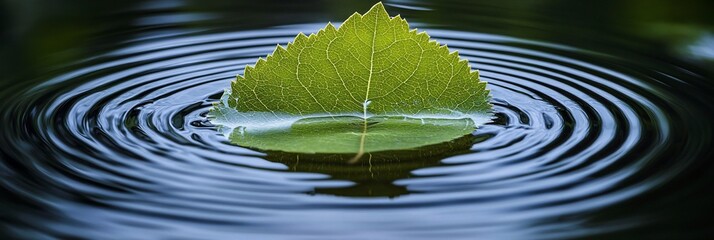 Aufkleber - Single green leaf floats on calm water, creating concentric ripples.