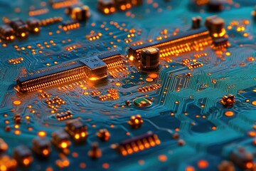 Leinwandbilder - Close-up of illuminated circuit board showcasing intricate electronic components and pathways.