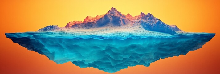 Aufkleber - Surreal floating island with vibrant mountain range and underwater depths against an orange backdrop.