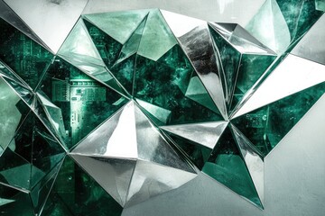 Aufkleber - Abstract art showcasing a mesmerizing interplay of metallic silver and deep green geometric facets.