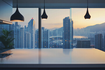 Aufkleber - Modern kitchen countertop with city skyline view at sunset.