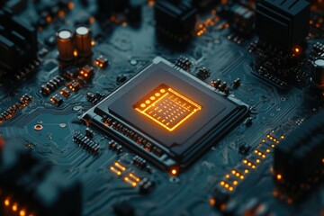 Leinwandbilder - Close-up view of a CPU illuminated on a circuit board, showcasing intricate technological details.