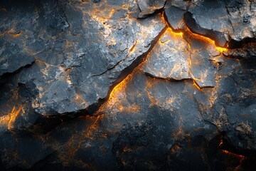 Aufkleber - Glowing cracks in dark, rough, textured rock surface, fiery orange light illuminates the crevices.