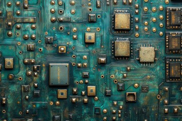 Leinwandbilder - Close-up of a teal-colored circuit board with gold components, showcasing intricate technological details.
