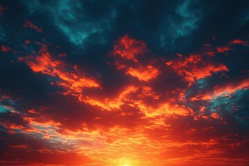 Poster - Fiery sunset with vibrant orange and teal clouds filling the sky.